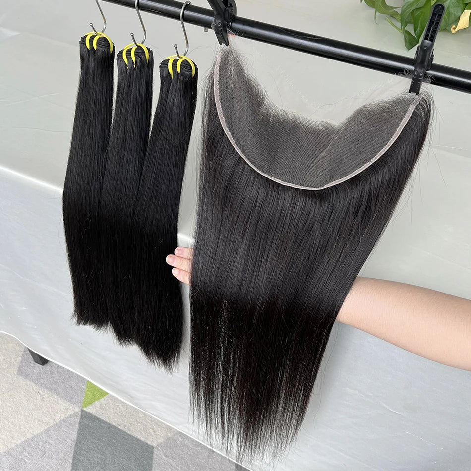 Double Drawn Straight Hair Bundles With 13x4 HD Lace Frontal Natural Color 100% Vietnamese Virgin Human Hair Weave Extensions