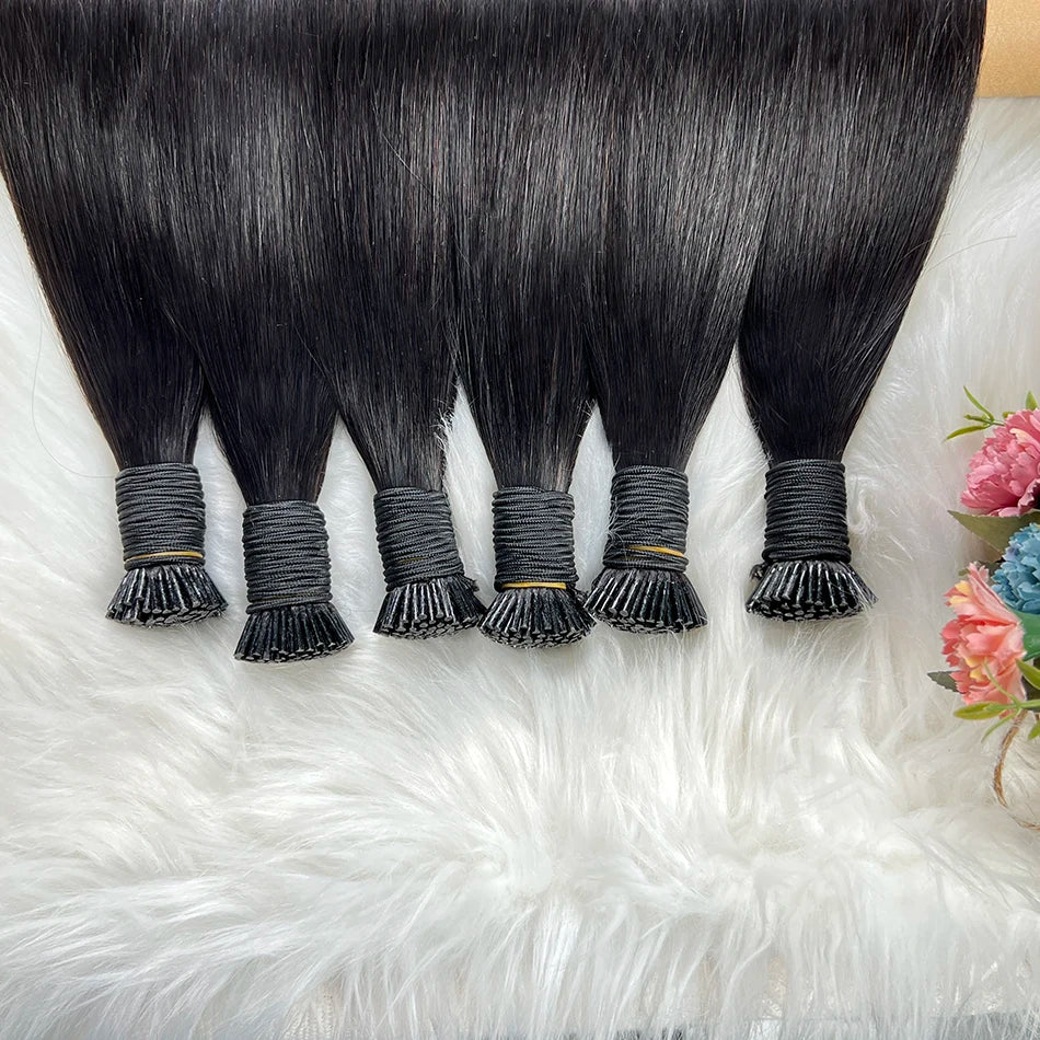 Straight Ponytail I-Tip Hair Extensions 100% Human Hair Genius Weft #1B Natural Black Color 100 Grams Vietnamese Virgin Hair