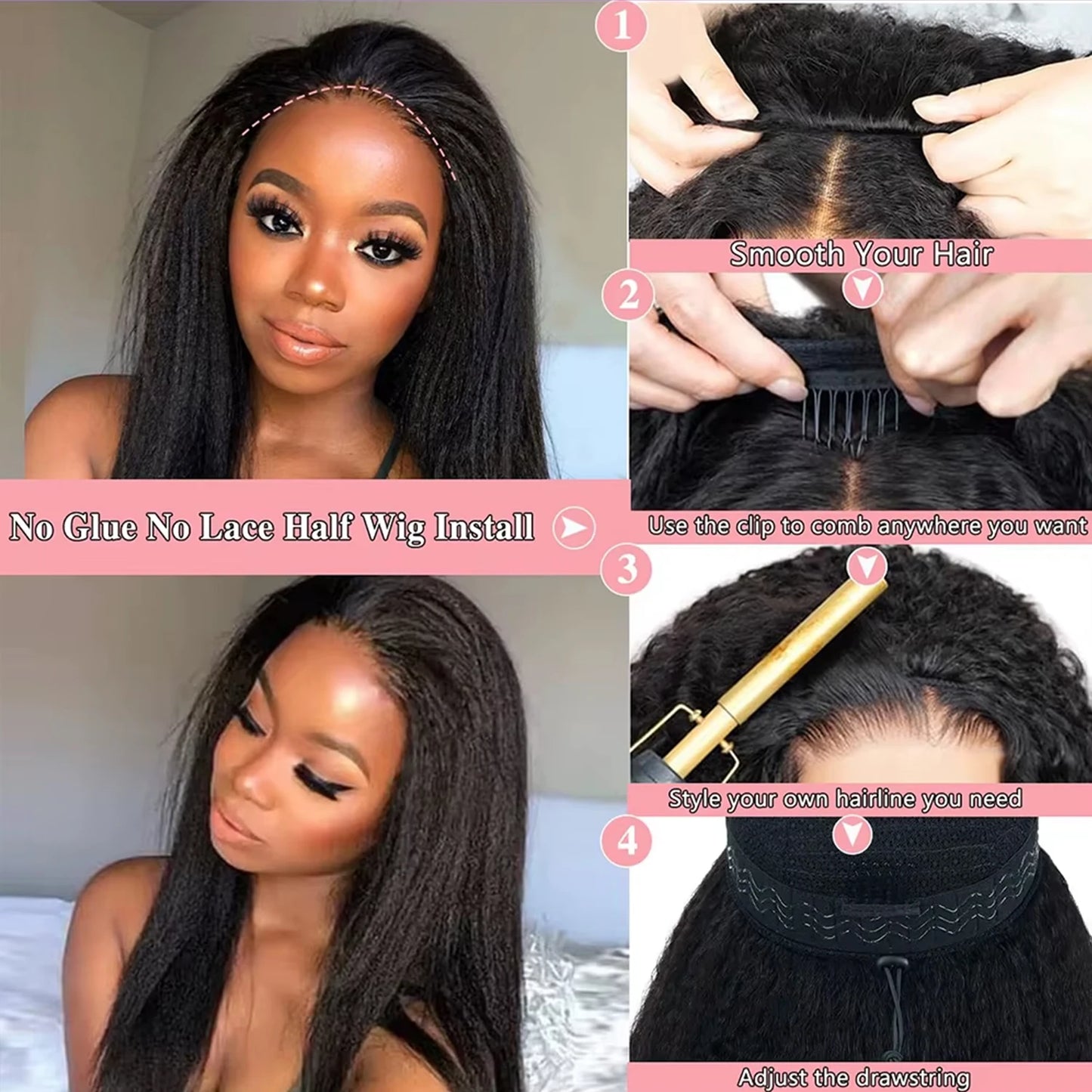 Kinky Straight 3-in-1 Half Wig — Yaki Clip-In, 180% Density