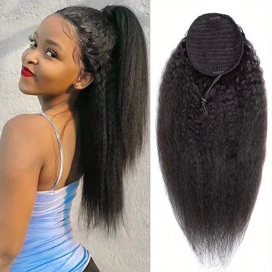 Kinky Straight Drawstring Ponytail — 4B/4C Remy, 10–32 Inch
