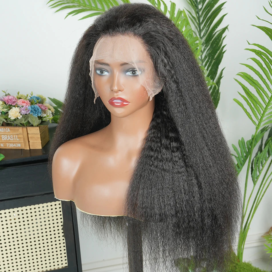 Kinky Straight 13x4 Transparent Lace Frontal Wigs Human Hair 200% Density #1B Natural Black Color Preplucked Lace Front Wig