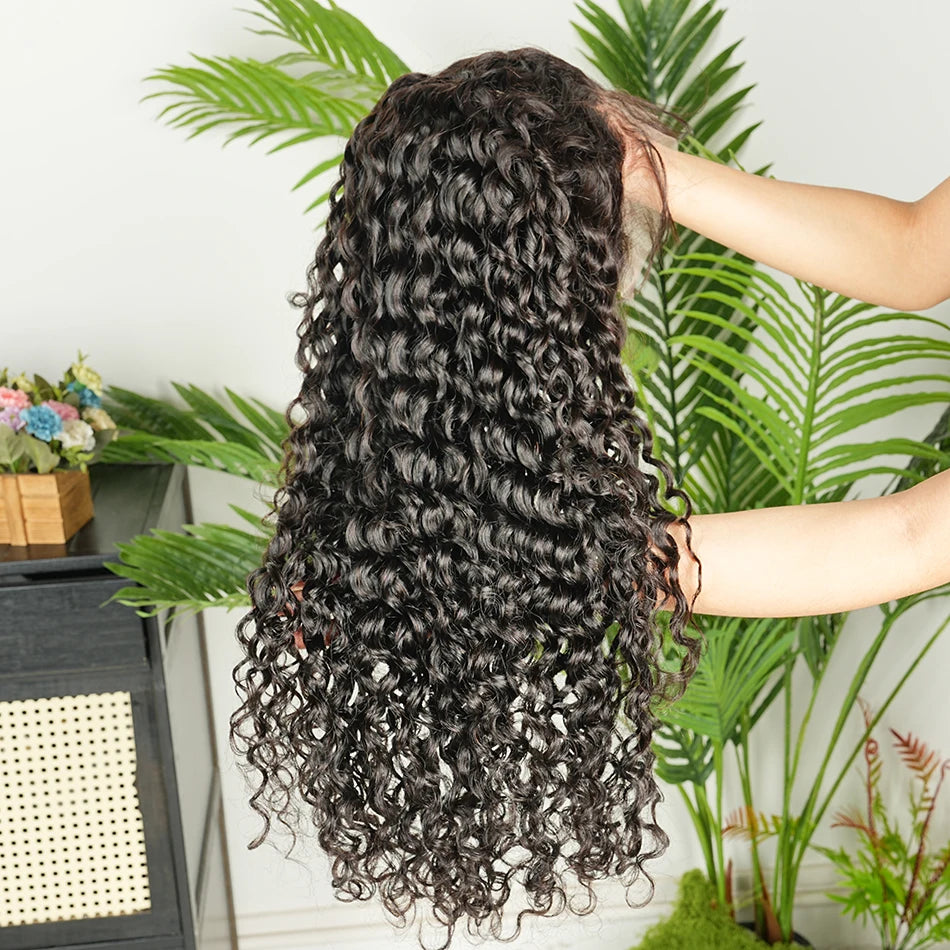 13x4 Transparent Lace Frontal Wigs Water Wave Human Hair 200% Density #1B Natural Black Color Preplucked Lace Front Wig