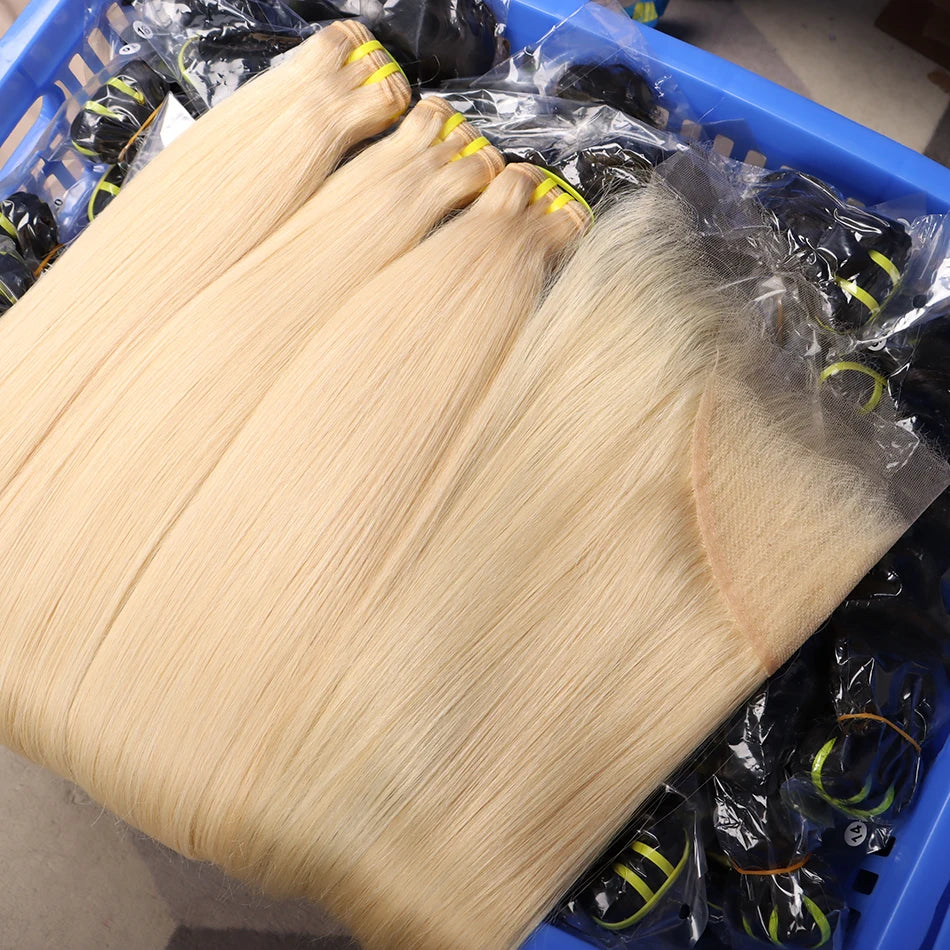 Blonde #613 Color Human Hair Bundles With 4x4 HD Lace Closure 13x4 Frontal Straight Unprocessed Raw Vietnamese Weave Extensions
