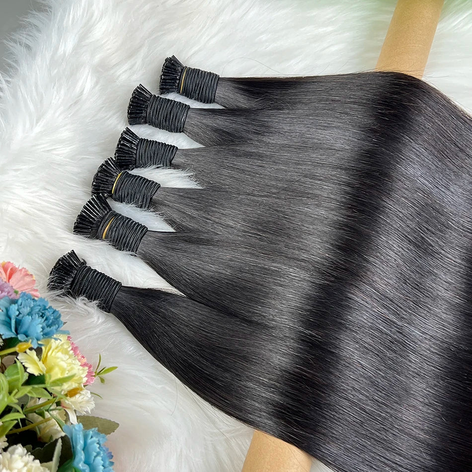 Straight Ponytail I-Tip Hair Extensions 100% Human Hair Genius Weft #1B Natural Black Color 100 Grams Vietnamese Virgin Hair