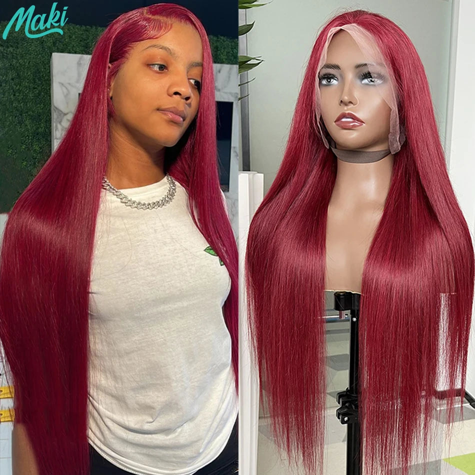 #99J Burgundy Color 13x4 Lace Frontal Wigs 200% Density Human Hair Straight Transparent Lace Preplucked With Baby Hair For Women