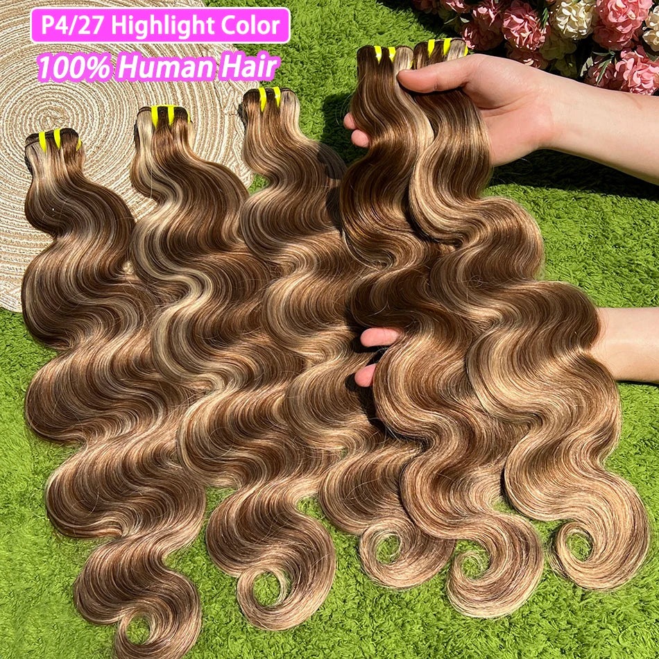 P4/27 Highlight Colored Body Wave Human Hair Bundles Honey Blonde 10-30 Inch 100grams/Bundle 100% Virgin Hair Weaving Extensions