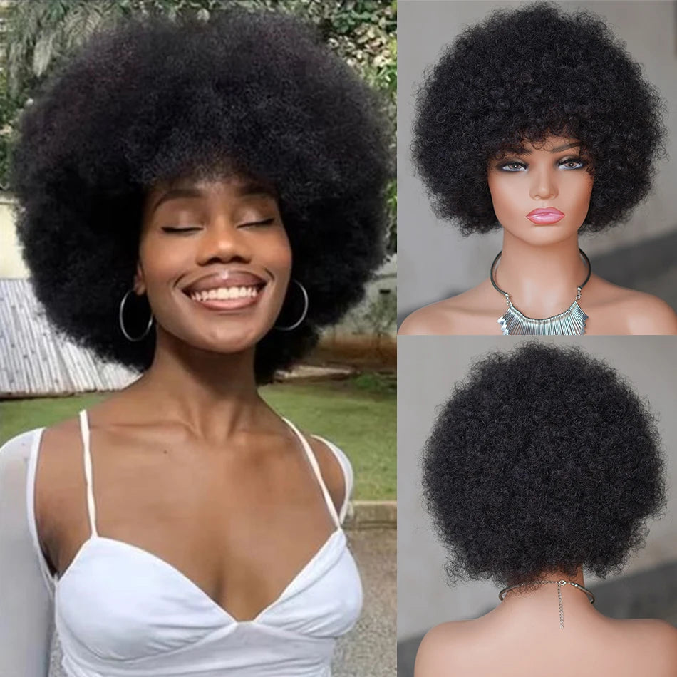 Fluffy Afro Kinky Curly Wig — Short Sassy, 100% Brazilian Hair