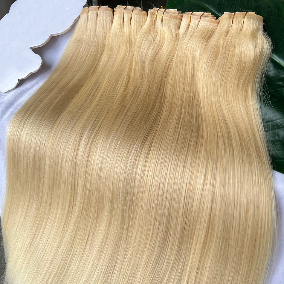 Straight #613 Blonde Color PU Weft Seamless Clips in Human Hair Extensions Invisible 100grams 7Pcs/Set Full Head Virgin Hair