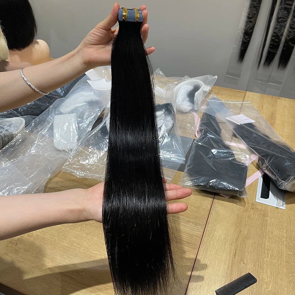 Straight PU Tape In Human Hair Extensions Inject Seamless Invisible Weft Hand Tied Adhesives Tape-Ins #1B Natural 100grams Hair