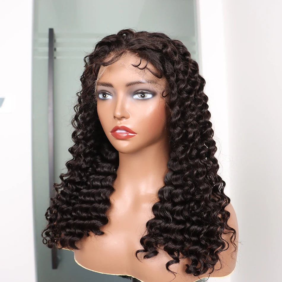 Double Drawn 4x4 HD Lace Closure Wig 13x4 Frontal Wig Deep Wave Human Hair Wigs Preplucked Curly Full #1B Natural Color Raw Hair