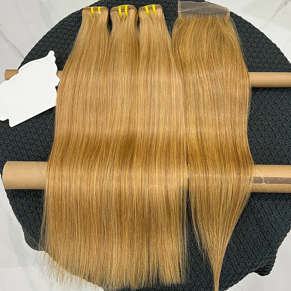 #27 Color Bundles With 4x6 Lace Closure Straight 100% Human Hair Preplucked Bleached Knots Transparent Lace Hair Weave Extension