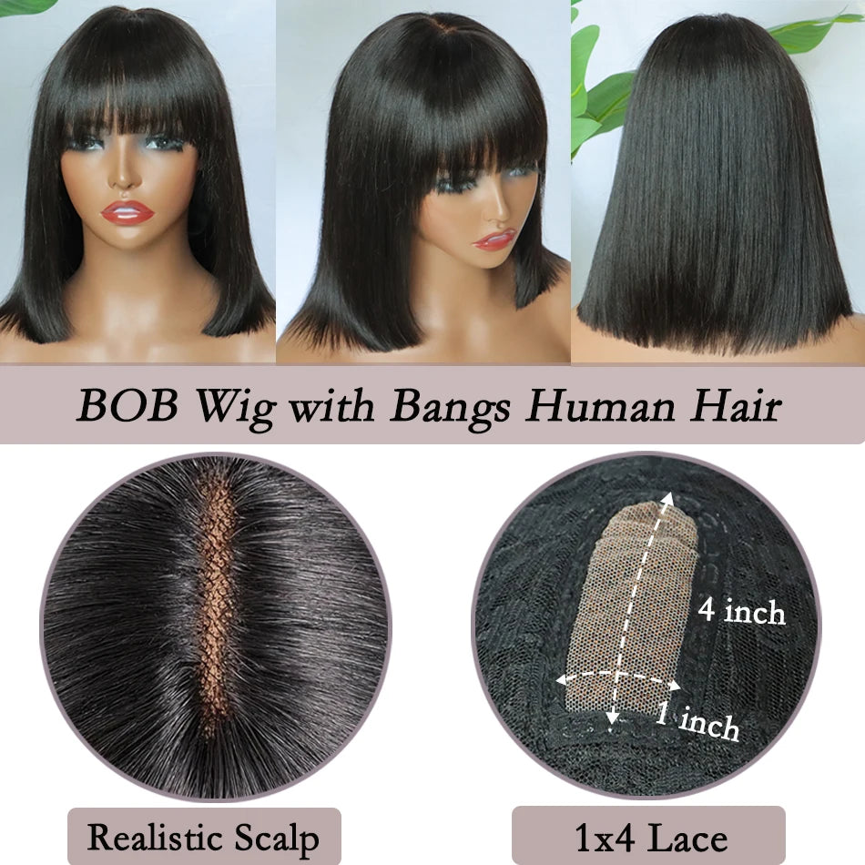 1x4 Lace Glueless Short Bob Wig With Bangs Fringe Straight Wigs Human Hair Bob With Bangs Realistic Scalp 200% Density For Women