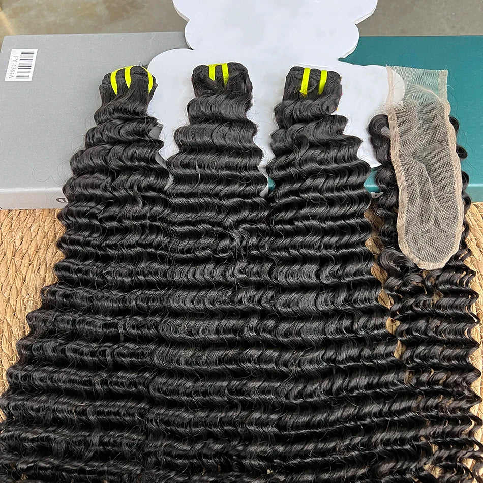 Double Drawn Deep Curly Hair Bundles With 2x6 Transparent Lace Closure Bleached Knots Lace 100% Raw Human Hair Weave Extensions