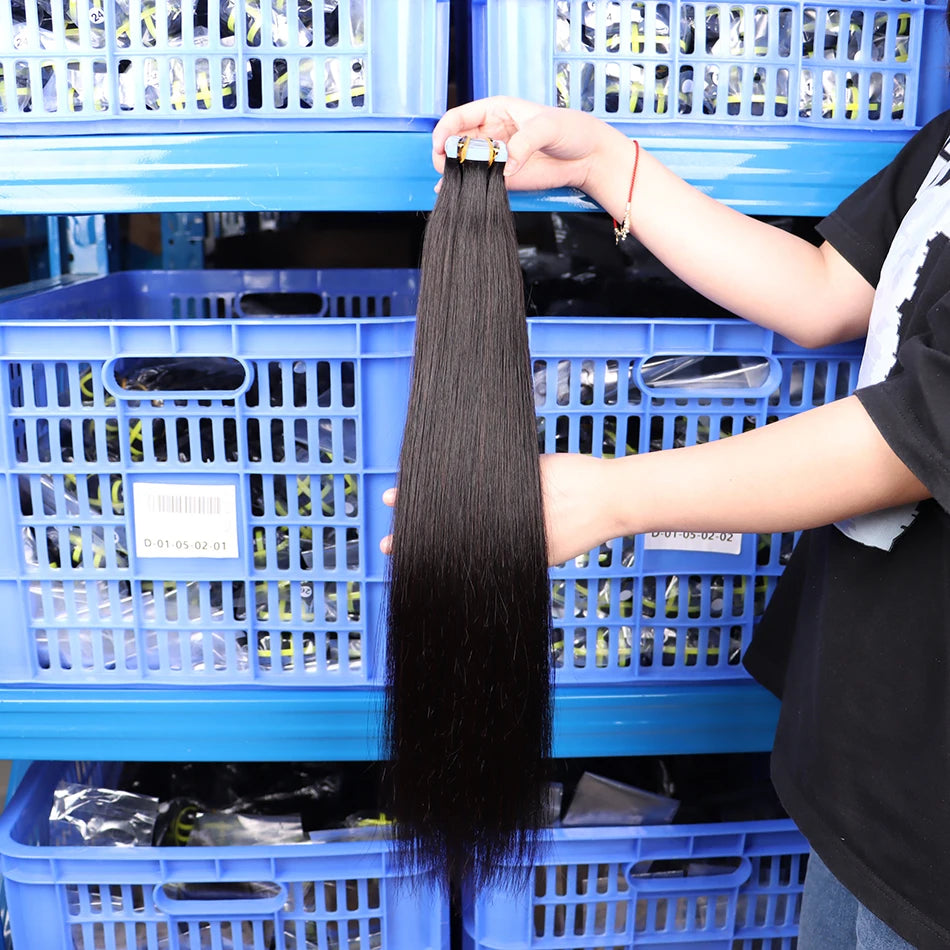 Straight PU Tape In Human Hair Extensions Inject Seamless Invisible Weft Hand Tied Adhesives Tape-Ins #1B Natural 100grams Hair