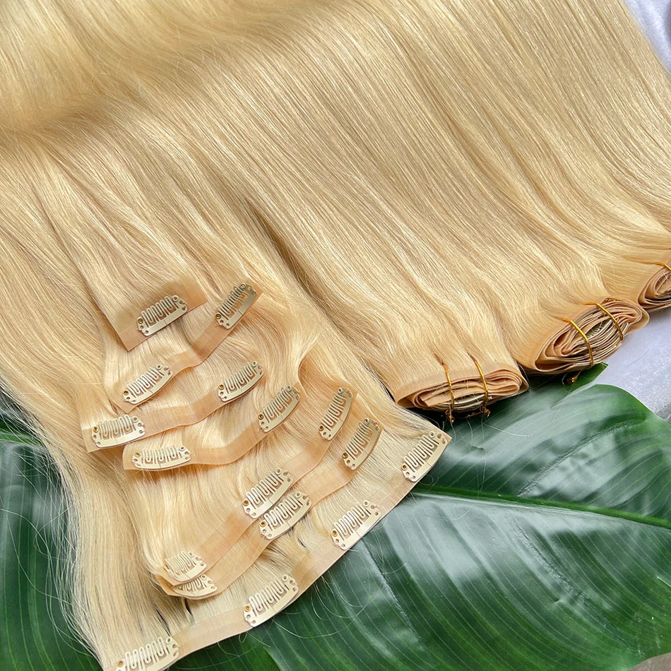 Straight #613 Blonde Color PU Weft Seamless Clips in Human Hair Extensions Invisible 100grams 7Pcs/Set Full Head Virgin Hair