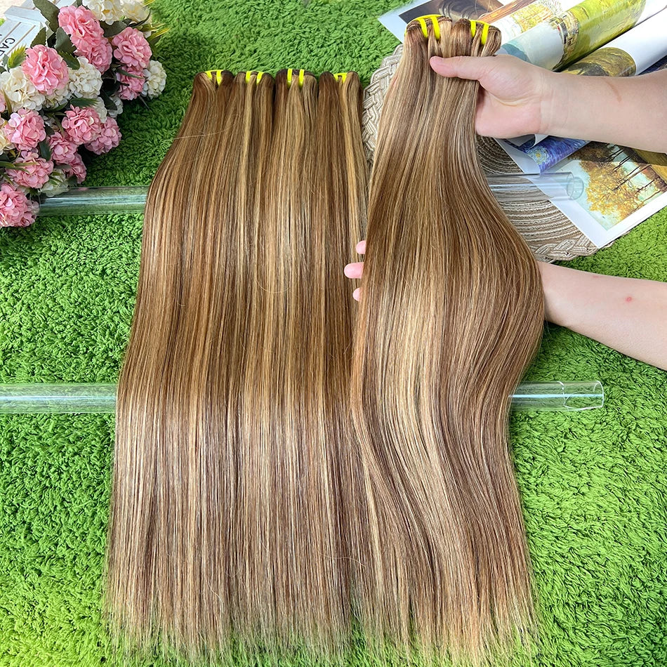 Highlight Color P4/27 Straight Human Hair Bundles Honey Blonde Brown 100 Grams 100% Virgin Hair Weaving Extensions For Women