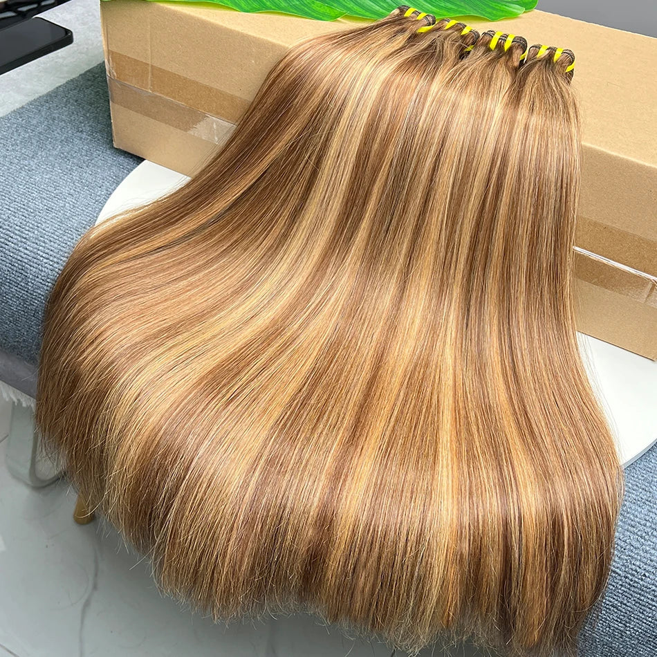 Double Drawn Straight Human Hair Bundles P4/27 Highlight Color Brown Honey Blonde 100% Virgin Hair Weaving Extensions For Women