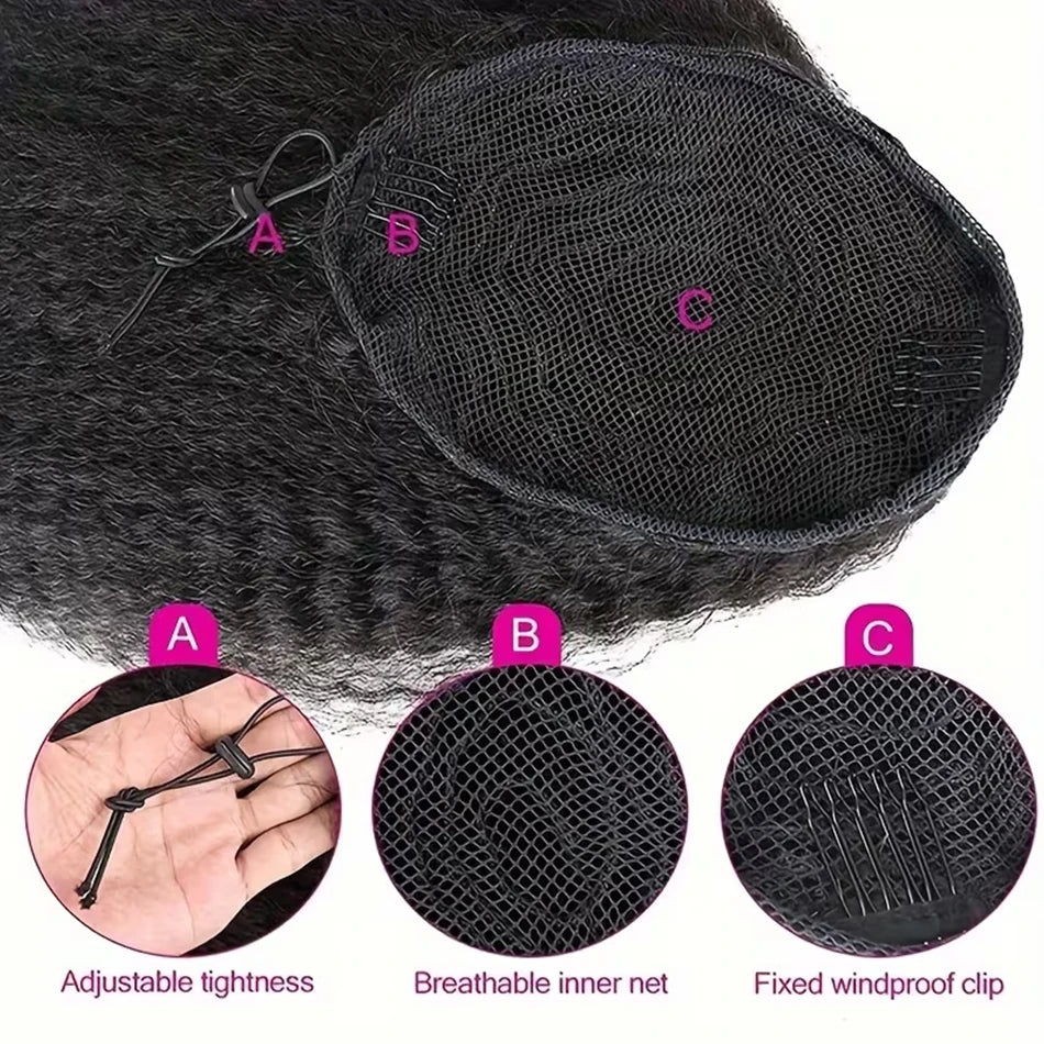 Kinky Straight Drawstring Ponytail — Yaki Clip-In, 12–24 Inch
