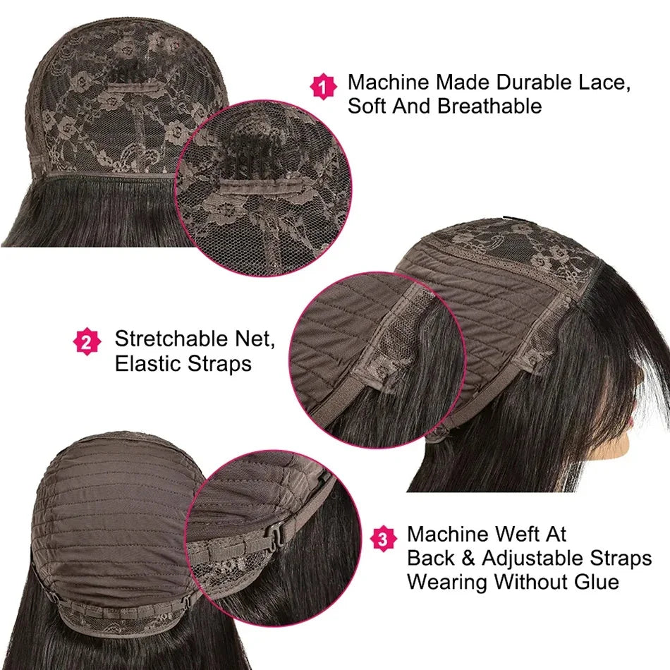 Silky Straight Wig with Bangs — Full Machine Made, Remy Hair