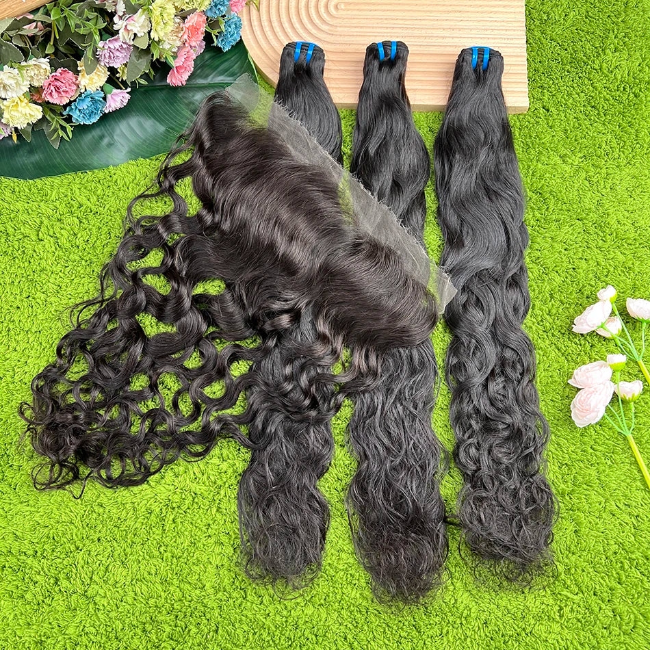 18A Natural Wave Hair Bundles With 13x4 HD Lace Frontal #1B Natural Black Color 100% Raw Virgin Human Hair Weave Extensions