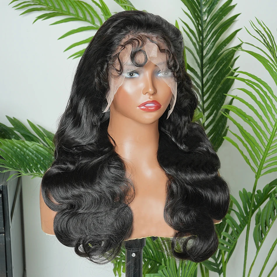 Body Wave 13x4 Transparent Lace Frontal Wigs 200 Density #1B Natural Color Human Hair Preplucked Bleached Knots Lace Front Wig