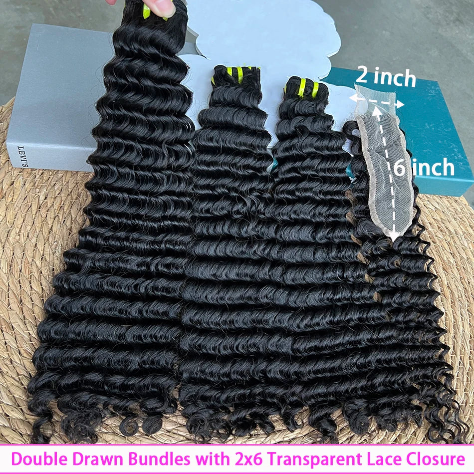 Double Drawn Deep Curly Hair Bundles With 2x6 Transparent Lace Closure Bleached Knots Lace 100% Raw Human Hair Weave Extensions