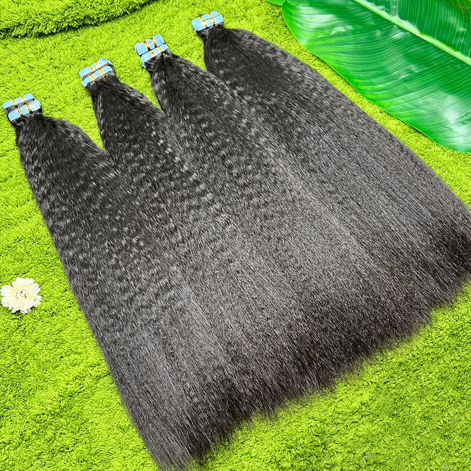 Kinky Straight Double Drawn Tape-Ins 100% Human Hair Extensions Seamless Invisible PU Tape 100grams #1B Natural Color Hair