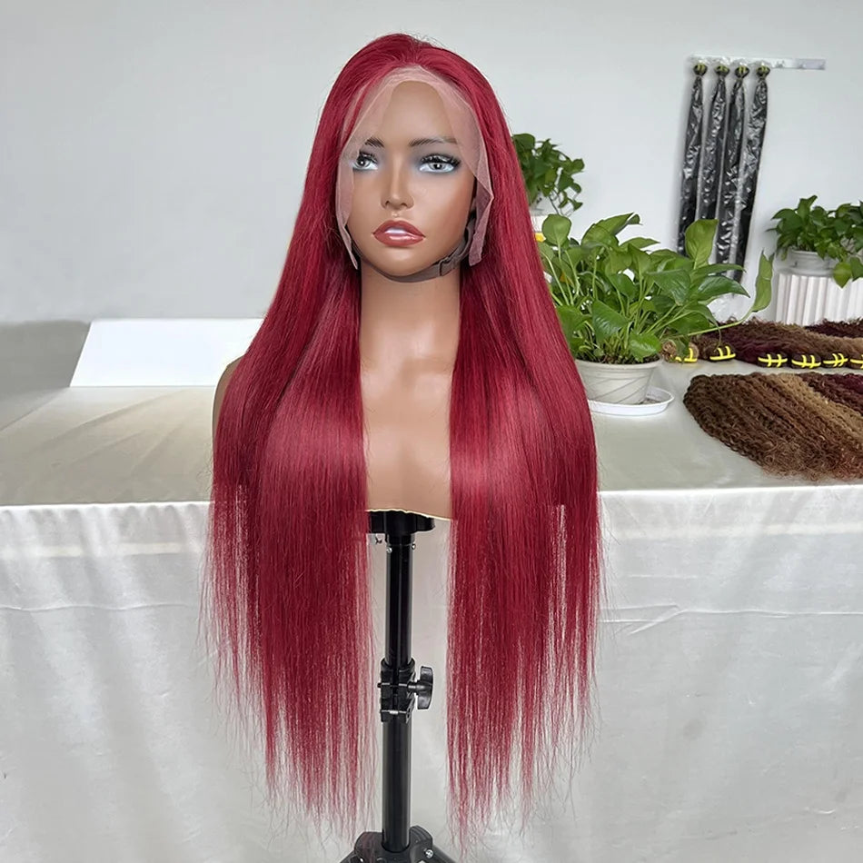 #99J Burgundy Color 13x4 Lace Frontal Wigs 200% Density Human Hair Straight Transparent Lace Preplucked With Baby Hair For Women