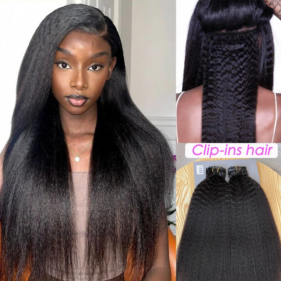 Kinky Straight PU Weft Seamless Clip ins Human Hair Extensions Invisible Unprocessed 100g 7Pcs/Set #1B Natural Color Long Hair