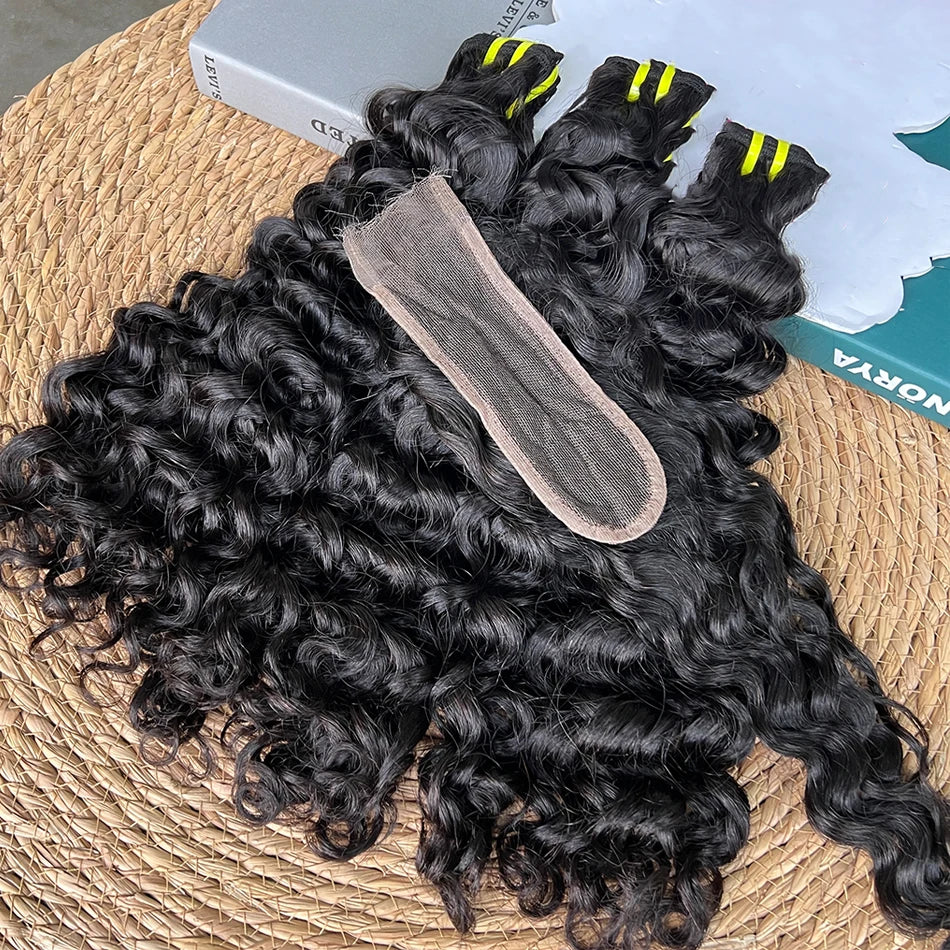 Double Drawn Water Wave Bundles With 2x6 HD Invisible Lace Closure 100% Human Hair Double Weft Virgin Hair Weaving Extensions