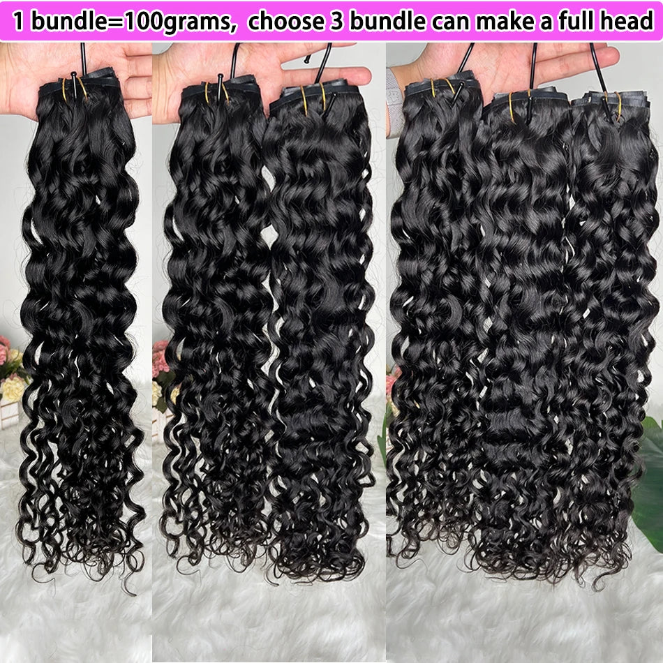 Water Wave Clips in Human Hair Extensions Seamless PU Weft Invisible 100grams 7Pcs/Set Full Unprocessed Raw Hair Natural Color