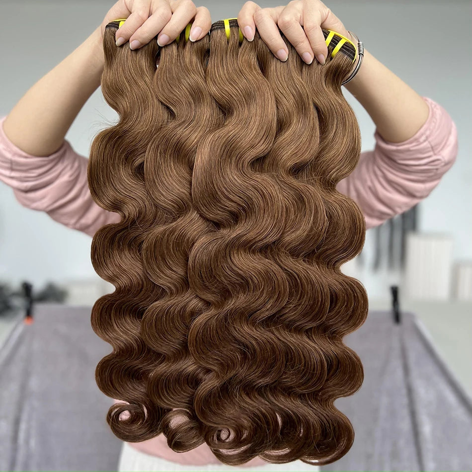 #4 Brown Colored Body Wave Human Hair Bundles 100% Virgin Human Hair Extensions Weaving Wavy 100 Grams 18-30 Inch For Women