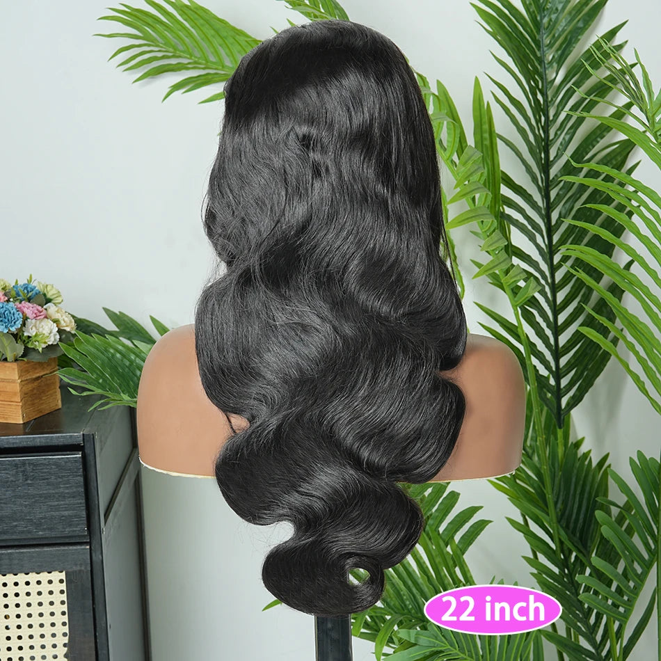 Body Wave 13x4 Transparent Lace Frontal Wigs 200 Density #1B Natural Color Human Hair Preplucked Bleached Knots Lace Front Wig