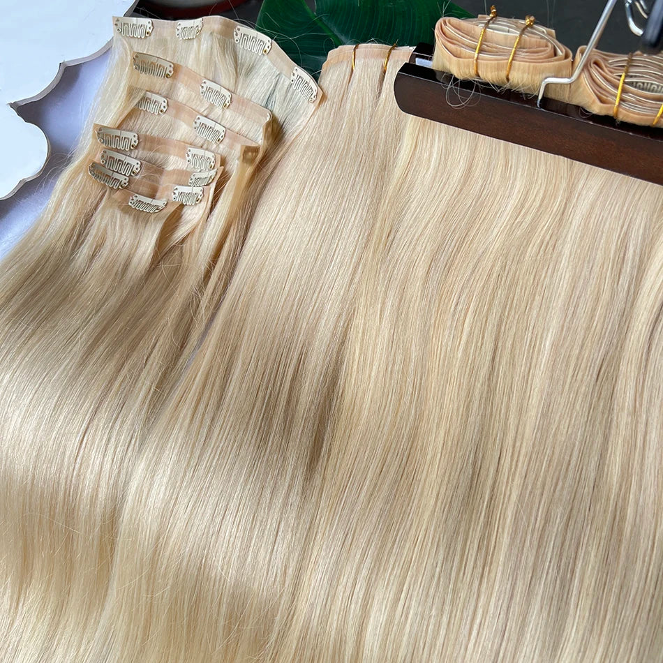 Straight #613 Blonde Color PU Weft Seamless Clips in Human Hair Extensions Invisible 100grams 7Pcs/Set Full Head Virgin Hair