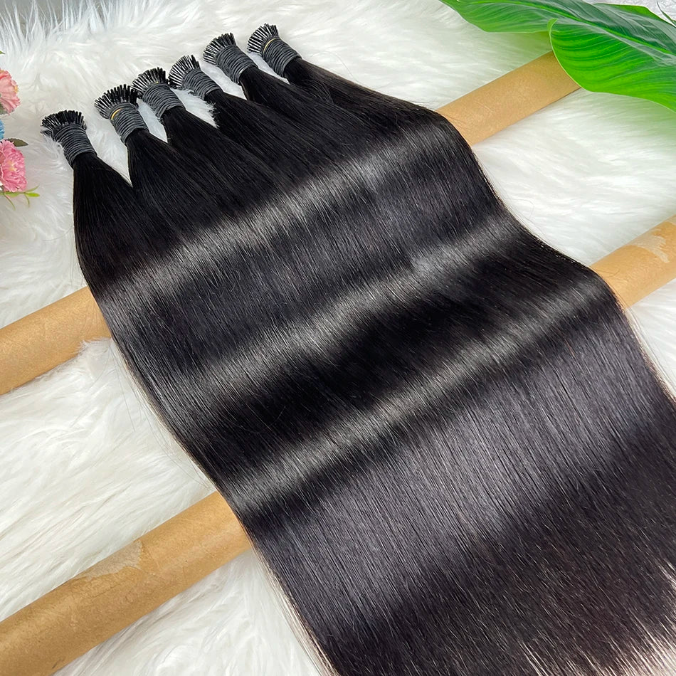 Straight Ponytail I-Tip Hair Extensions 100% Human Hair Genius Weft #1B Natural Black Color 100 Grams Vietnamese Virgin Hair