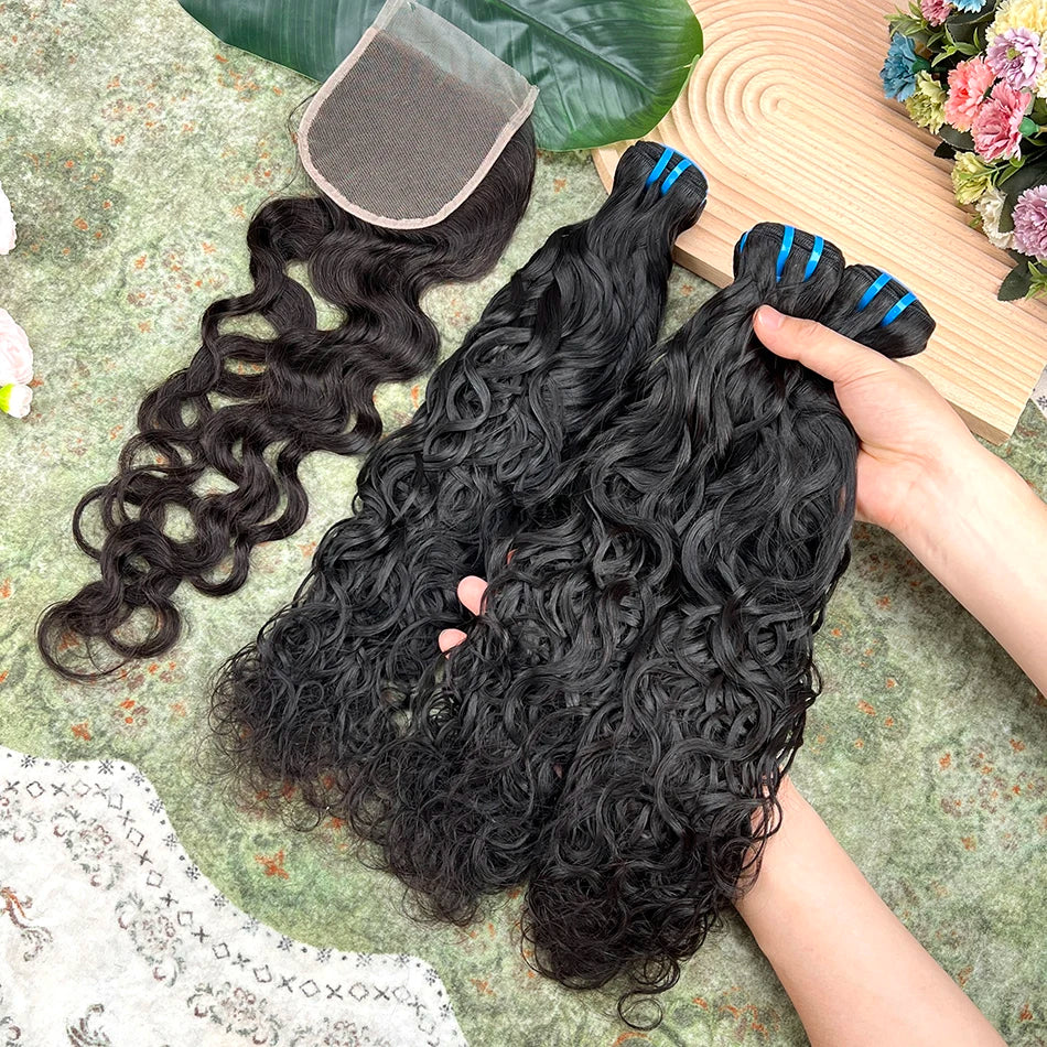 Human Hair Bundles With 4x4 Transparent Lace Closure 18A Natural Wave #1B Natural Black Color 100% Virgin Hair Weave Extensions