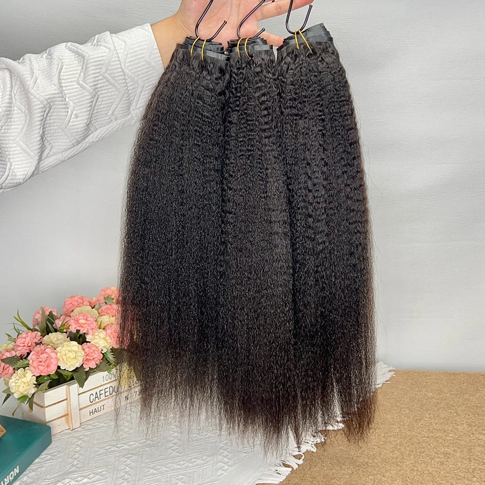 Kinky Straight Clip ins 100% Human Hair Extensions Seamless Invisible PU Weft Unprocessed 100grams 7Pcs/Set #1B Natural Color