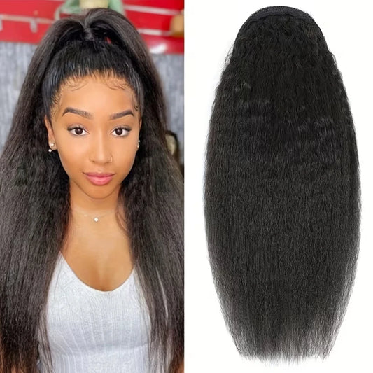 Kinky Straight Drawstring Ponytail — Yaki Clip-In, 12–24 Inch