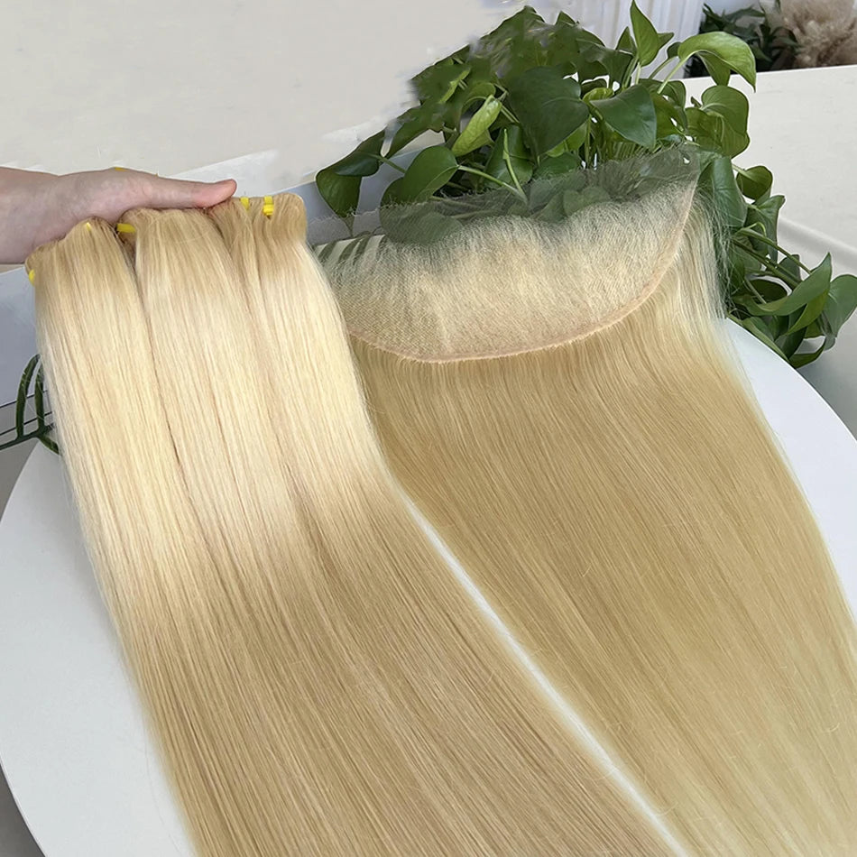 Blonde #613 Color Human Hair Bundles With 4x4 HD Lace Closure 13x4 Frontal Straight Unprocessed Raw Vietnamese Weave Extensions