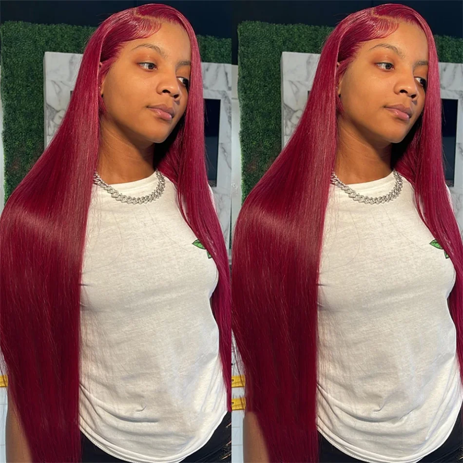 #99J Burgundy Color 13x4 Lace Frontal Wigs 200% Density Human Hair Straight Transparent Lace Preplucked With Baby Hair For Women