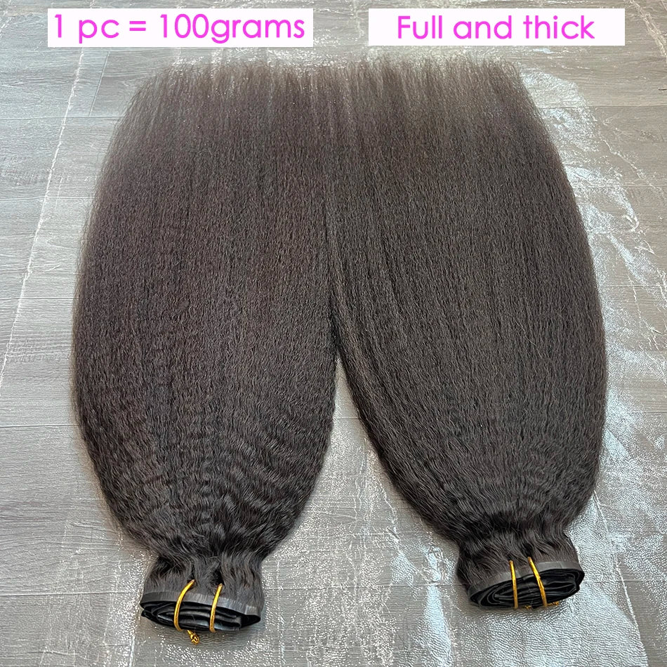 Kinky Straight PU Weft Seamless Clip ins Human Hair Extensions Invisible Unprocessed 100g 7Pcs/Set #1B Natural Color Long Hair