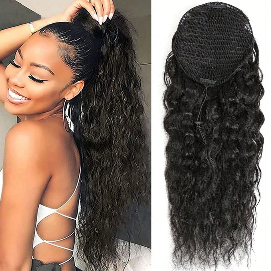 Kinky Straight Drawstring Ponytail — Yaki Clip-In, 12–24 Inch
