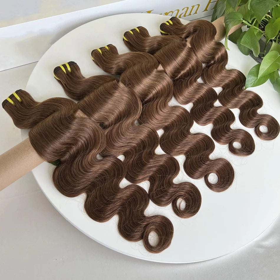 #4 Brown Colored Body Wave Human Hair Bundles 100% Virgin Human Hair Extensions Weaving Wavy 100 Grams 18-30 Inch For Women
