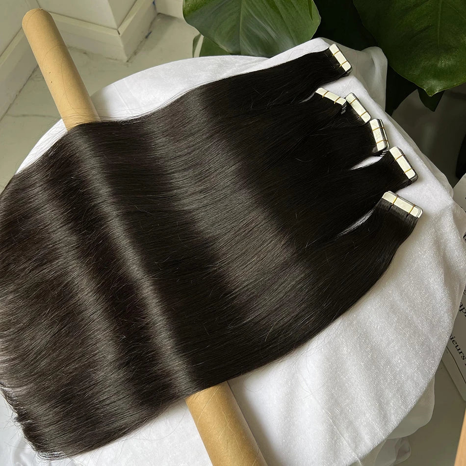 Straight PU Tape In Human Hair Extensions Inject Seamless Invisible Weft Hand Tied Adhesives Tape-Ins #1B Natural 100grams Hair