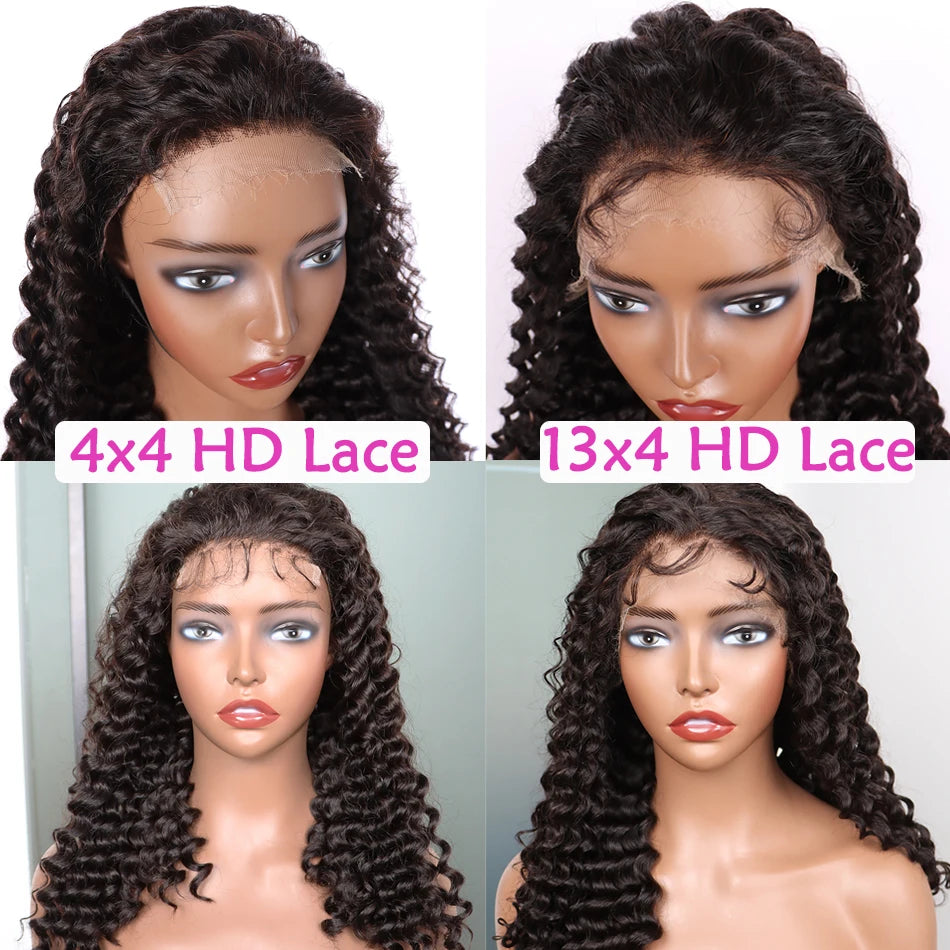 Double Drawn 4x4 HD Lace Closure Wig 13x4 Frontal Wig Deep Wave Human Hair Wigs Preplucked Curly Full #1B Natural Color Raw Hair