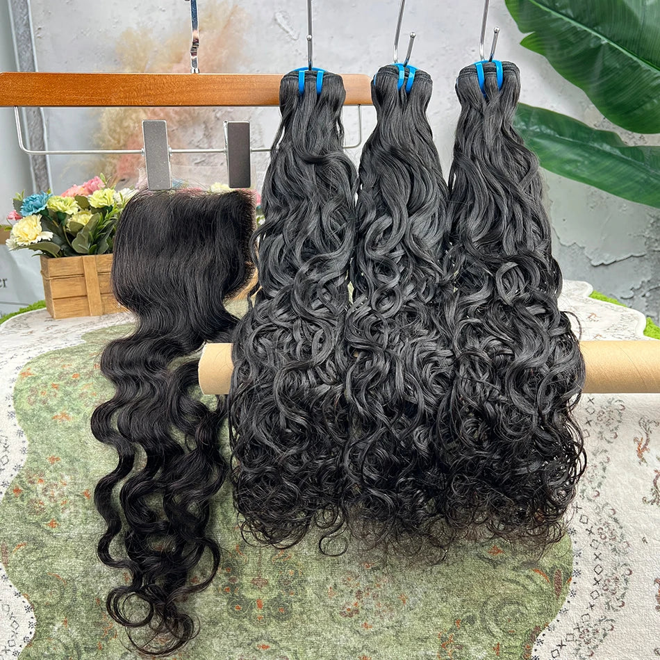 Human Hair Bundles With 4x4 Transparent Lace Closure 18A Natural Wave #1B Natural Black Color 100% Virgin Hair Weave Extensions