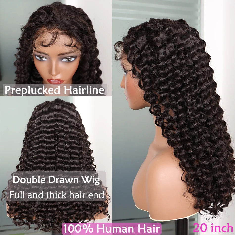 Double Drawn 4x4 HD Lace Closure Wig 13x4 Frontal Wig Deep Wave Human Hair Wigs Preplucked Curly Full #1B Natural Color Raw Hair