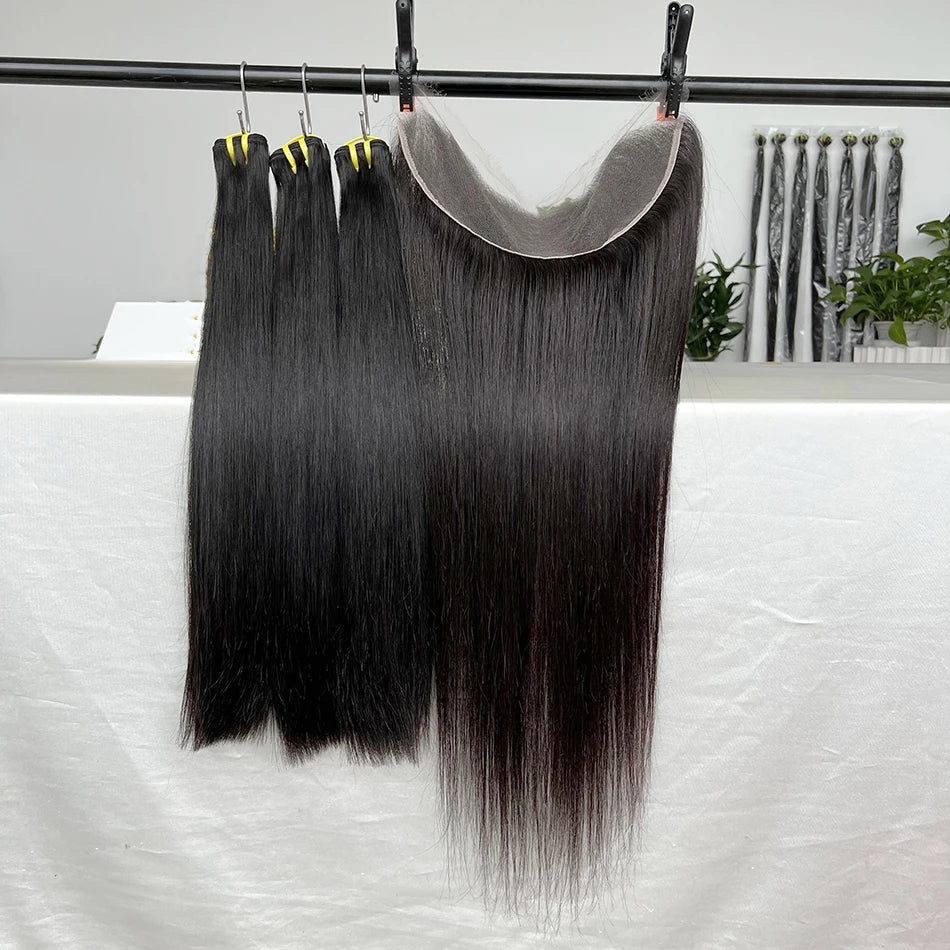 Double Drawn Straight Hair Bundles With 13x4 HD Lace Frontal Natural Color 100% Vietnamese Virgin Human Hair Weave Extensions