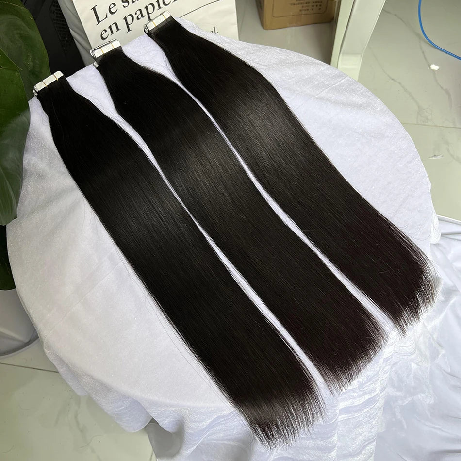 Straight PU Tape In Human Hair Extensions Inject Seamless Invisible Weft Hand Tied Adhesives Tape-Ins #1B Natural 100grams Hair