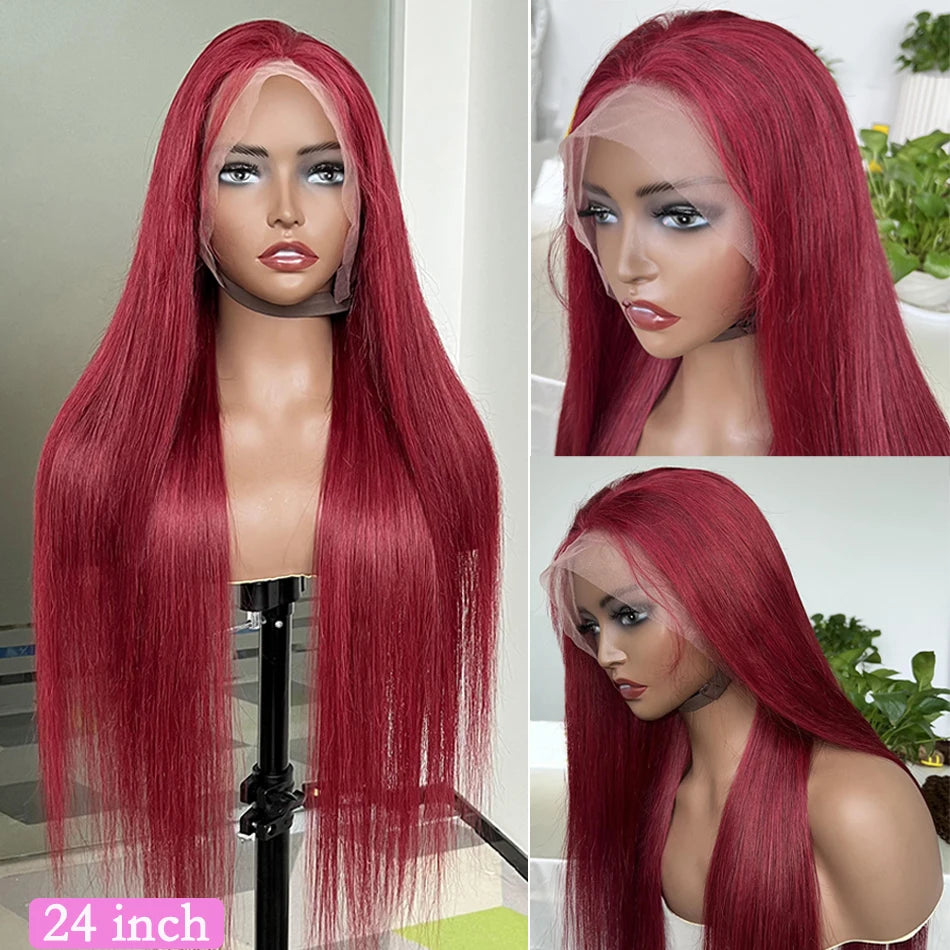 #99J Burgundy Color 13x4 Lace Frontal Wigs 200% Density Human Hair Straight Transparent Lace Preplucked With Baby Hair For Women